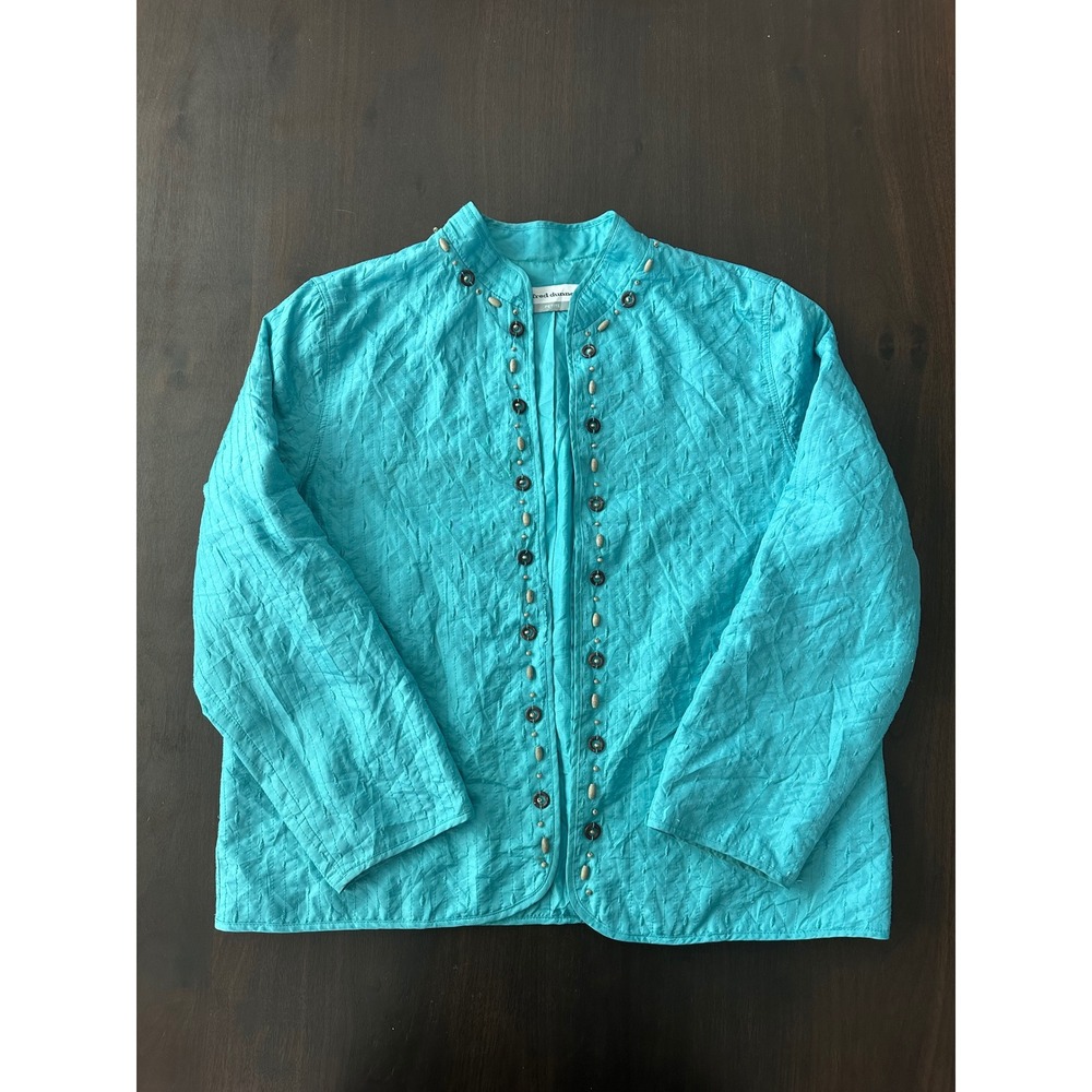 Alfred Dunner Petite Turquoise Beaded Crinkle Jacket Womens Blue Open Front Coat